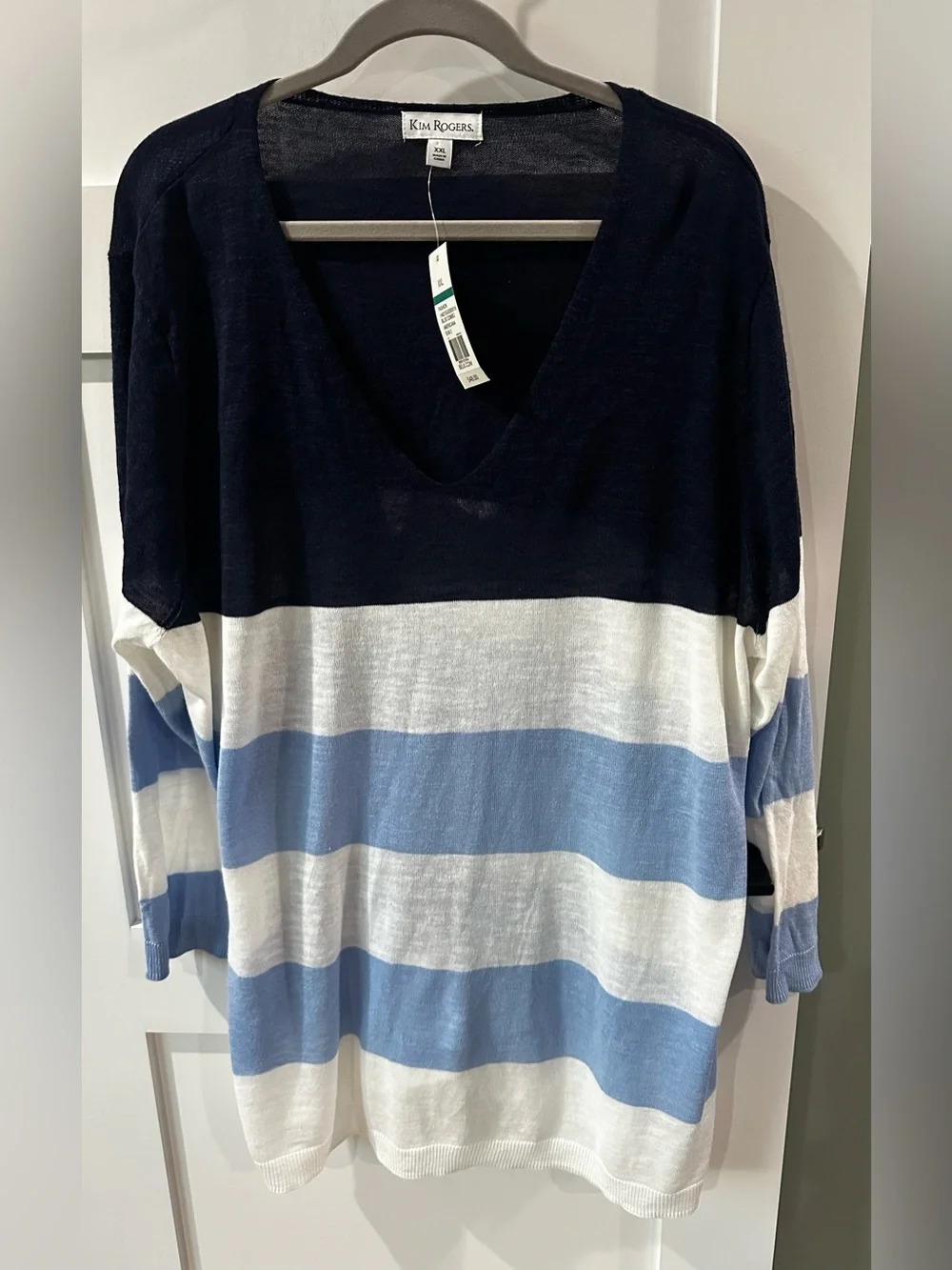 Kim Rogers NWT V Neck 3/4 Sleeve Lightweight Sweater  Striped Blue White